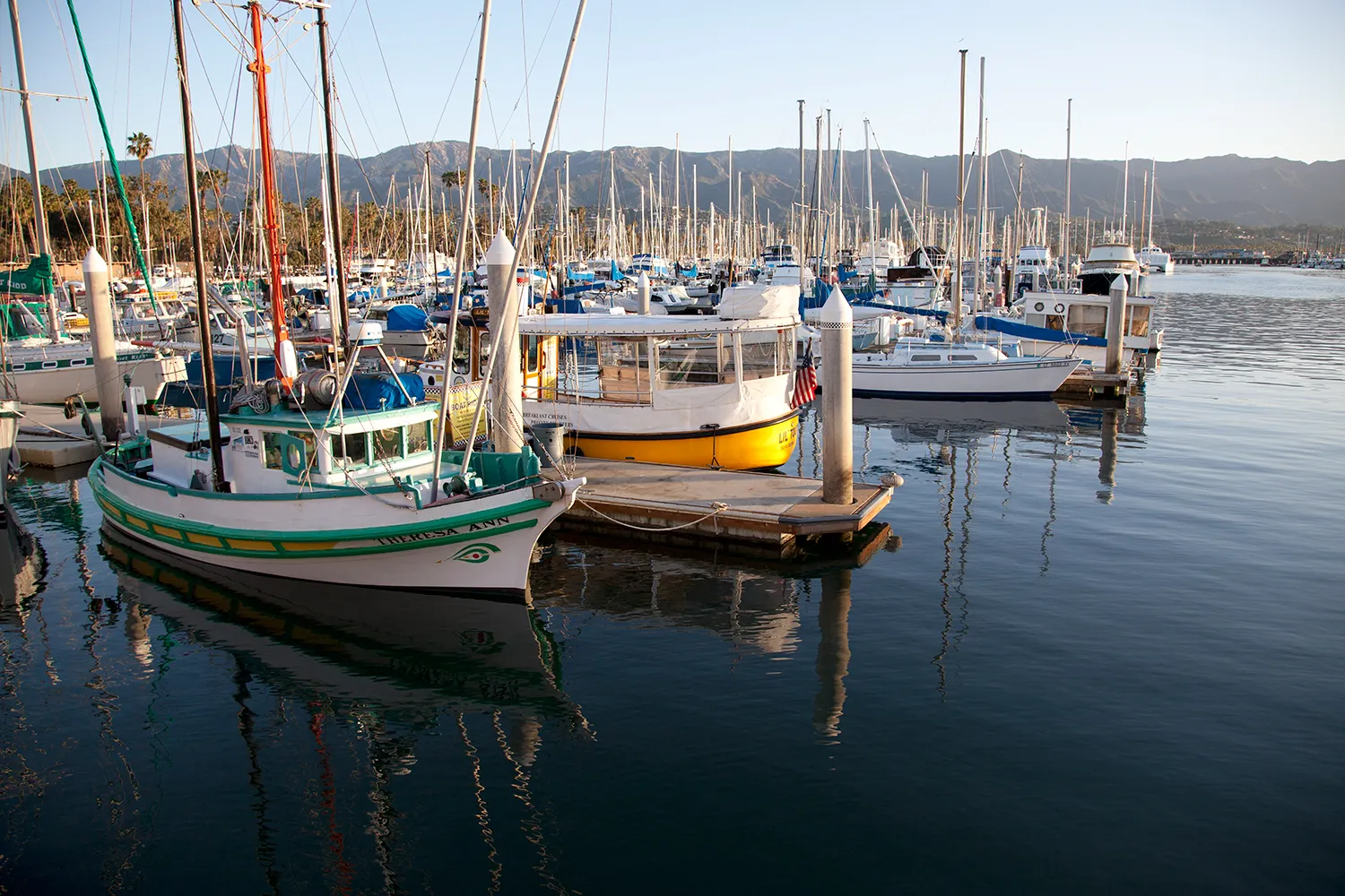 Fishing boats and sailboats tied up in the Santa Barbara Harbor with the mountains behind
