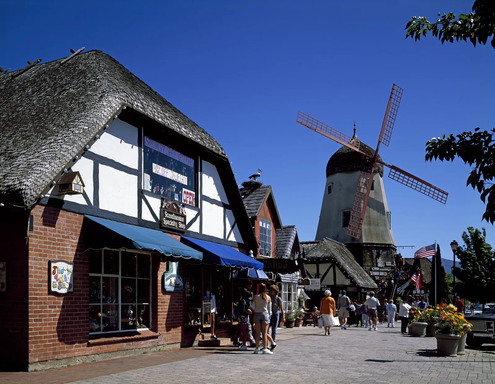 A Danish-style windmill above the shops in Solvang, California
