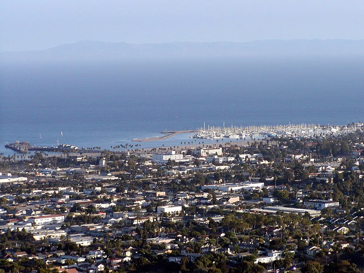 View over Santa Barbara rooftops and the harbor from the hills
